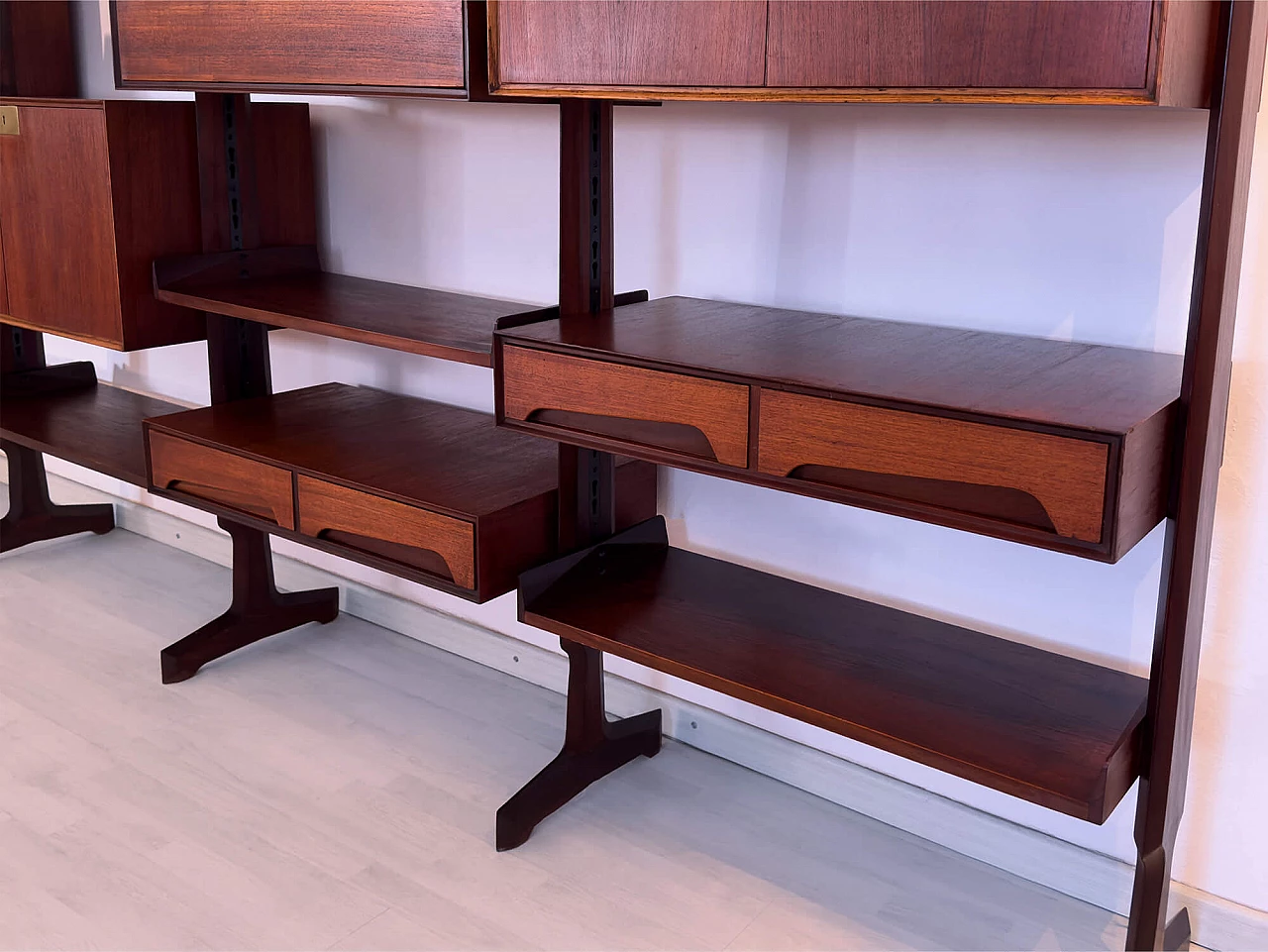 Four-module red teak bookcase with brass details by Vittorio Dassi, 1950s 14
