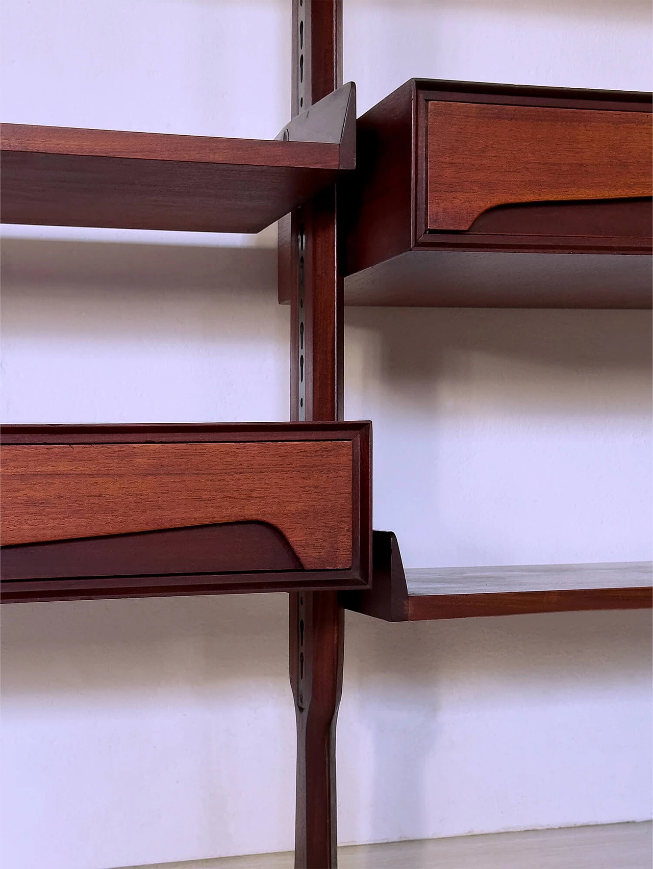 Four-module red teak bookcase with brass details by Vittorio Dassi, 1950s 15