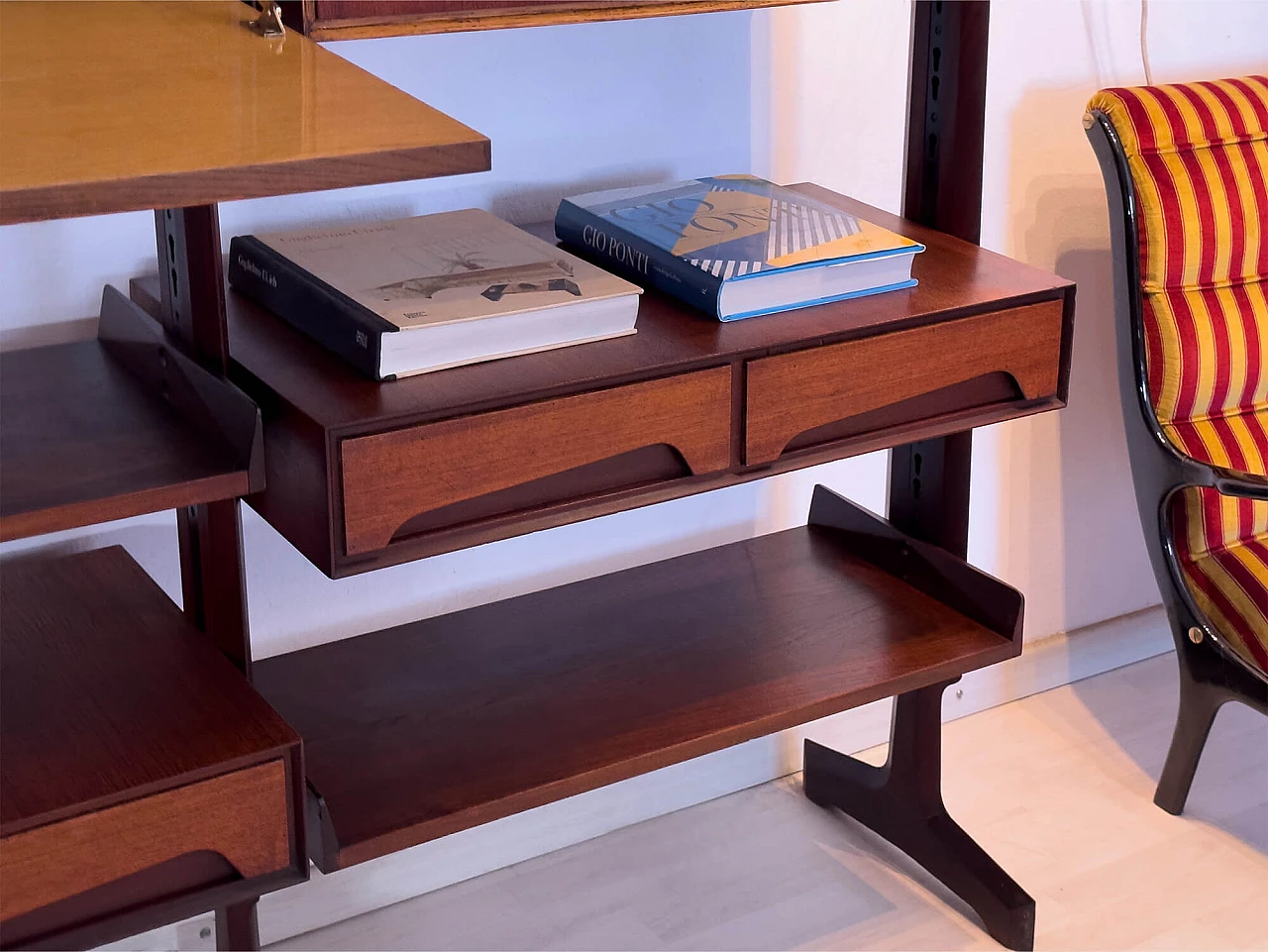 Four-module red teak bookcase with brass details by Vittorio Dassi, 1950s 17