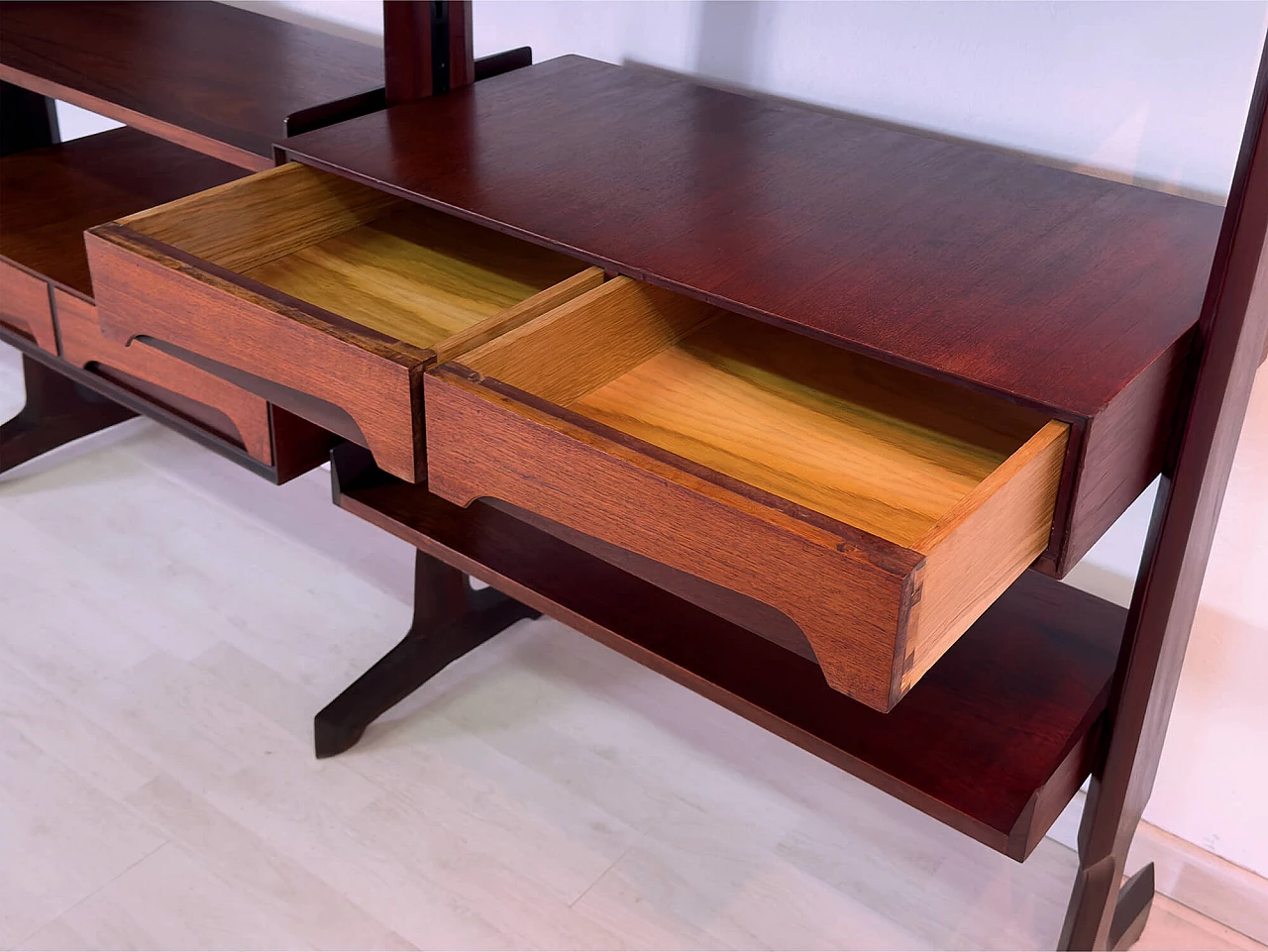 Four-module red teak bookcase with brass details by Vittorio Dassi, 1950s 18