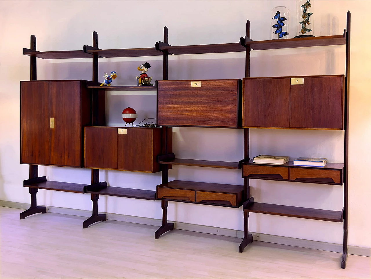 Four-module red teak bookcase with brass details by Vittorio Dassi, 1950s 22