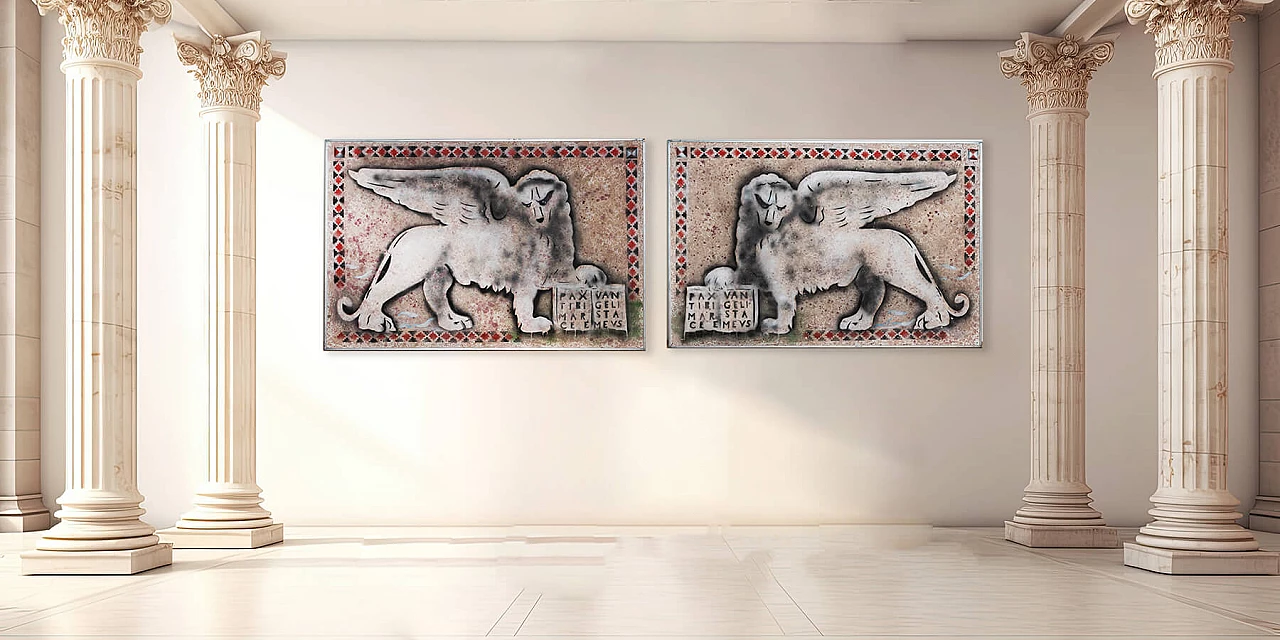 Gio Magri, Lions of Venice, pair of paintings on canvas, 1970s 1