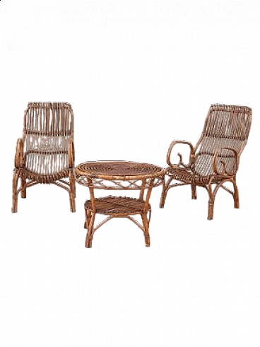 Pair of bamboo armchairs and coffee table, 1960s