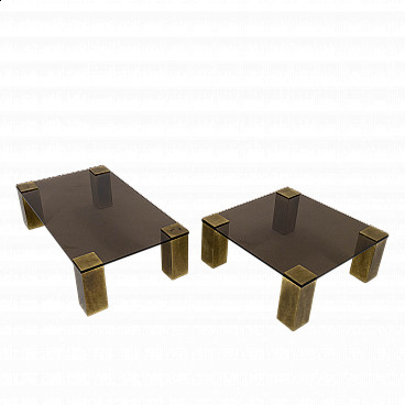 Pair of small tables in smoked glass and brass, 1970s