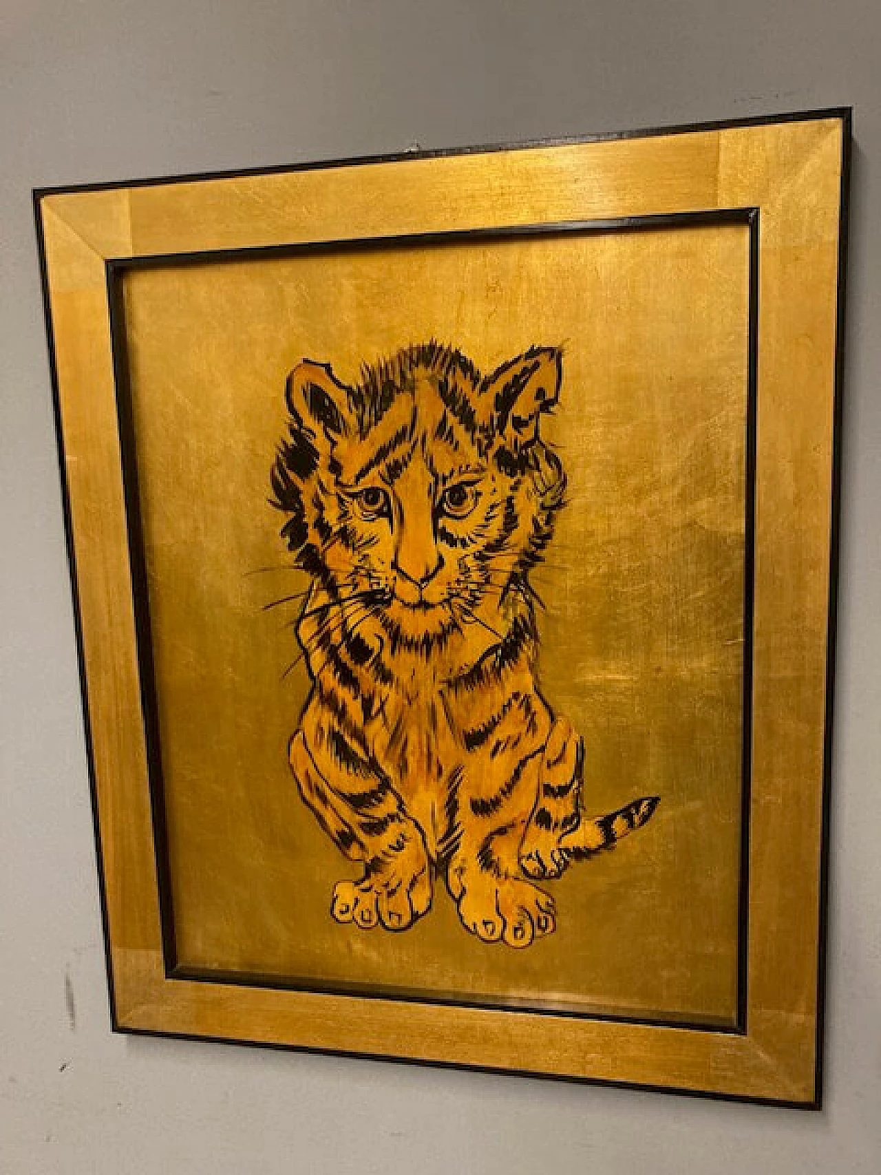 Dipinto a fondo oro raffigurante una tigre, inizio '900 1