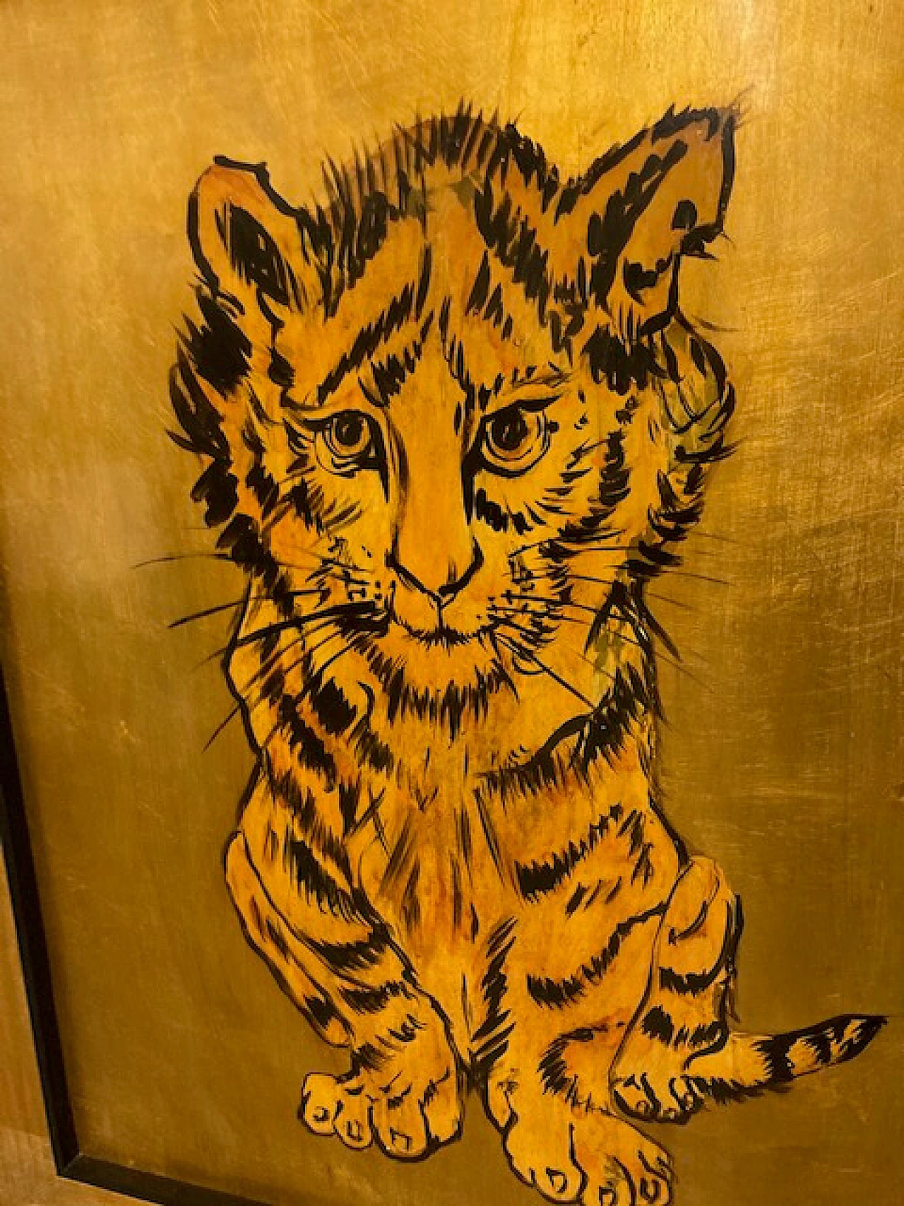 Dipinto a fondo oro raffigurante una tigre, inizio '900 2