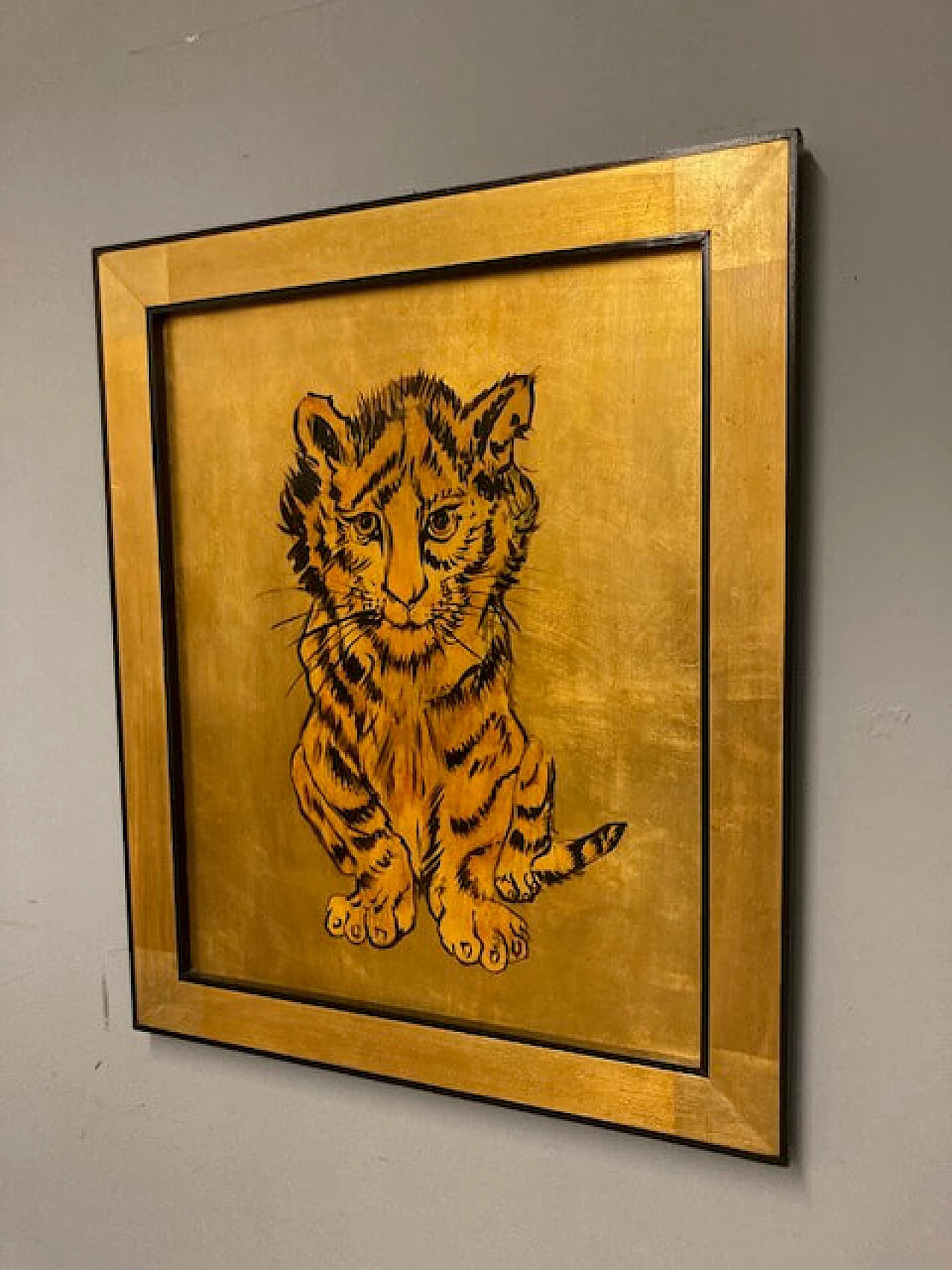 Dipinto a fondo oro raffigurante una tigre, inizio '900 4