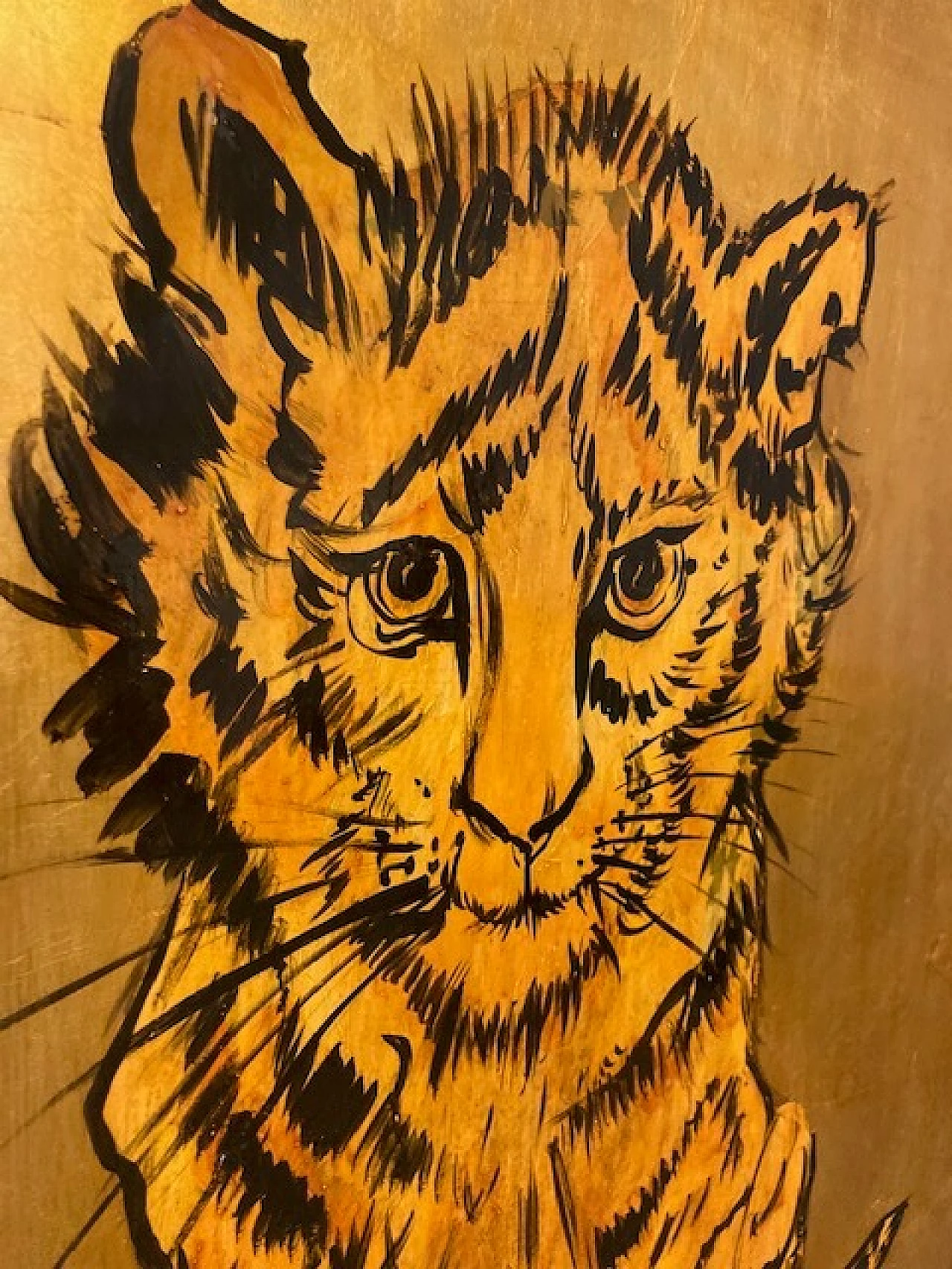 Dipinto a fondo oro raffigurante una tigre, inizio '900 5