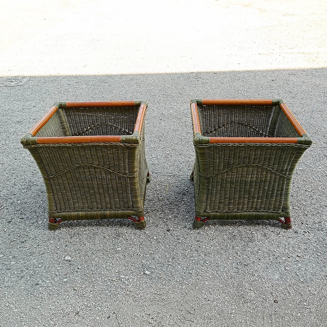 Pair of coloured bamboo and woven wicker potholders, 1970s 1