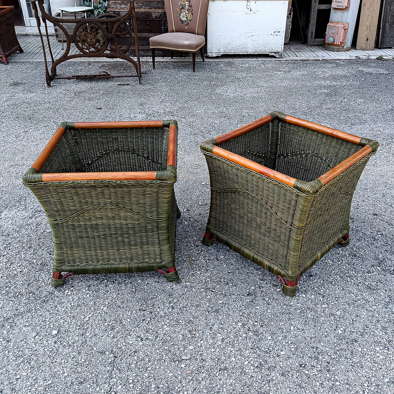 Pair of coloured bamboo and woven wicker potholders, 1970s 6