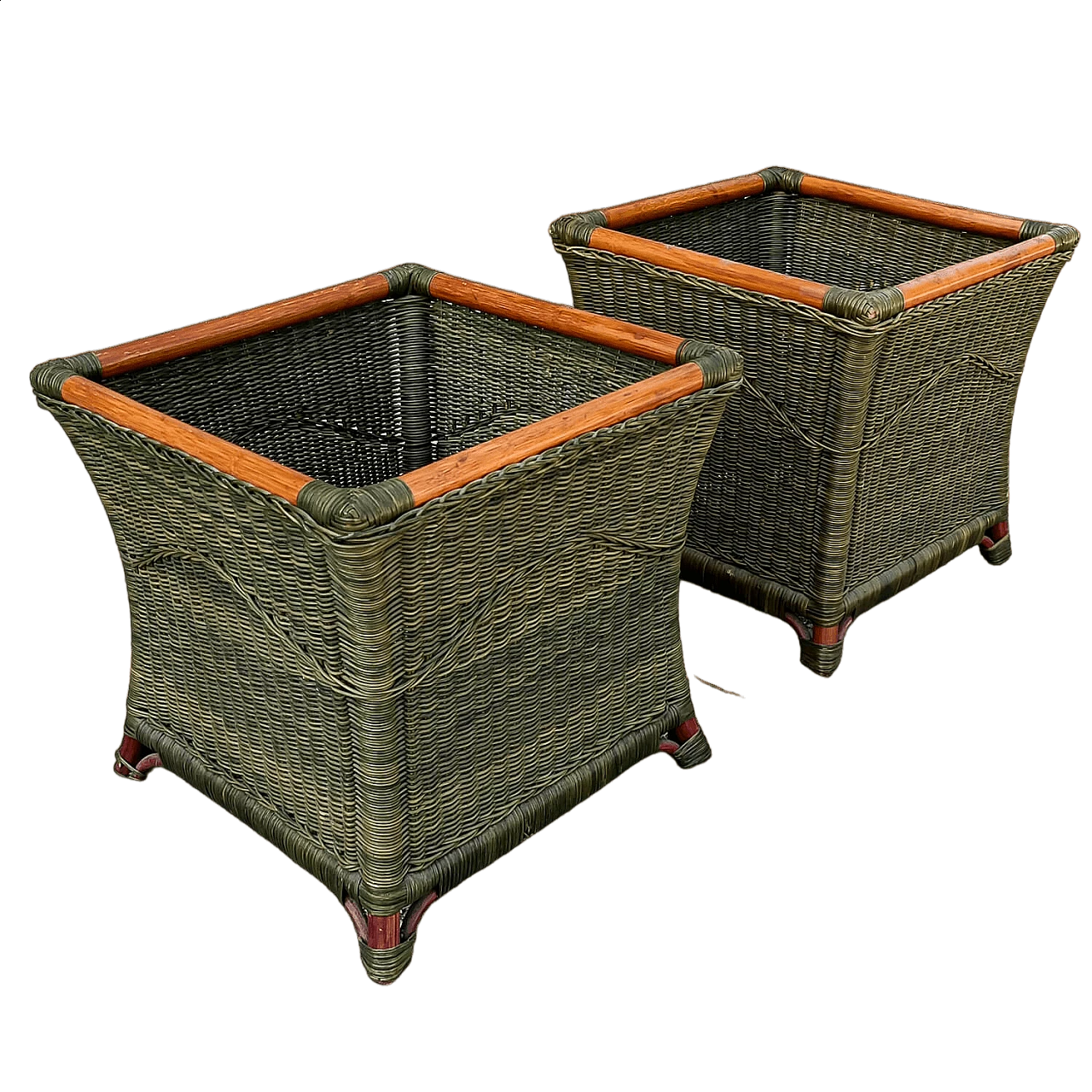 Pair of coloured bamboo and woven wicker potholders, 1970s 9