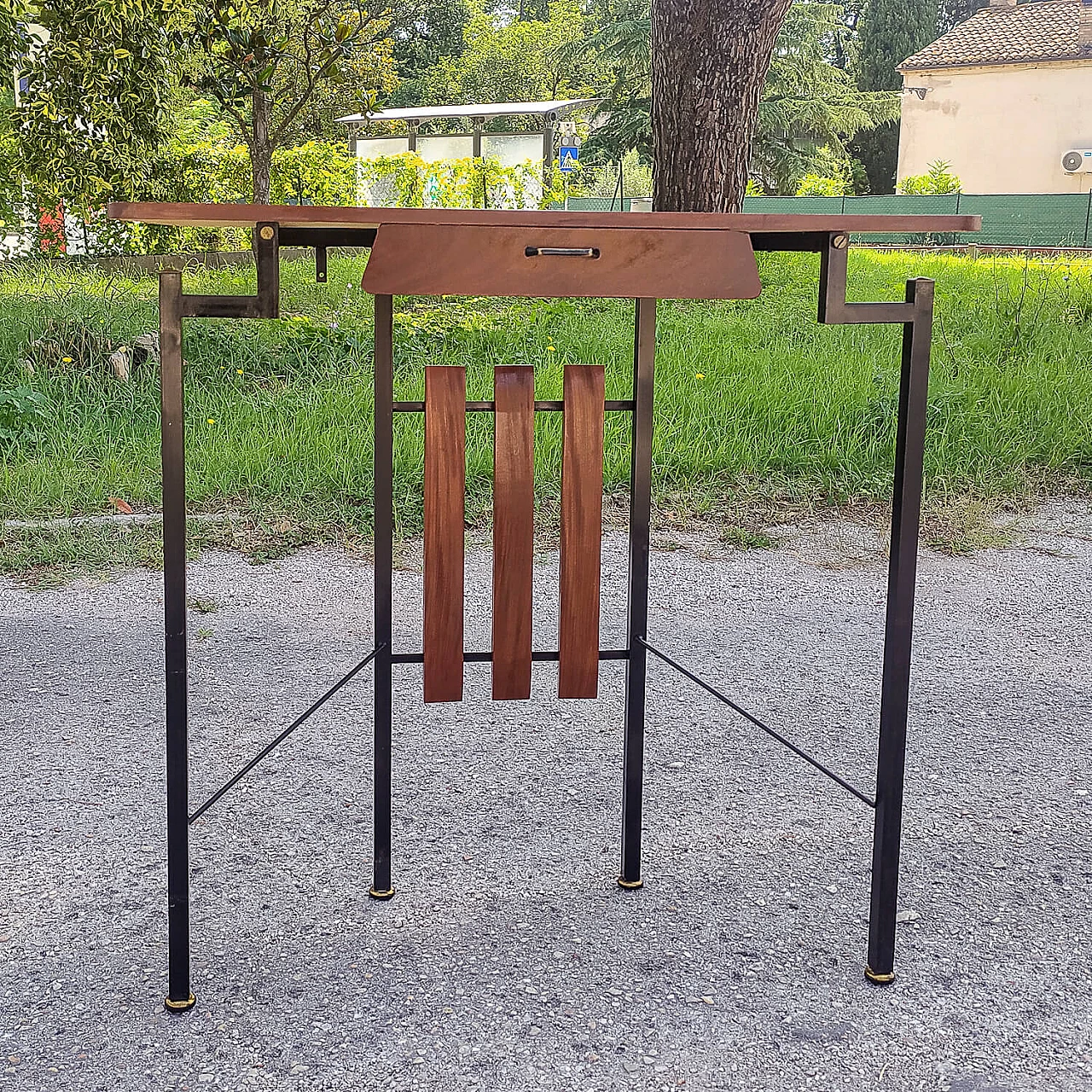 Wood and iron console table with brass details, 1960s 1