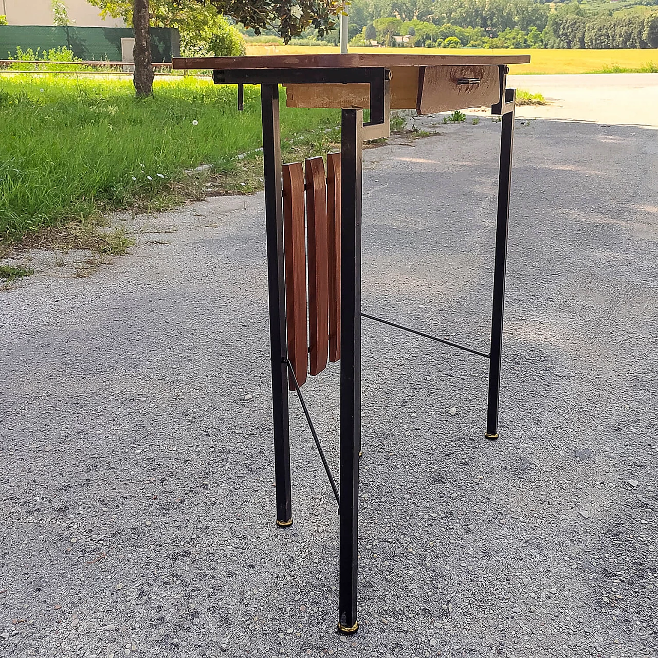 Wood and iron console table with brass details, 1960s 2