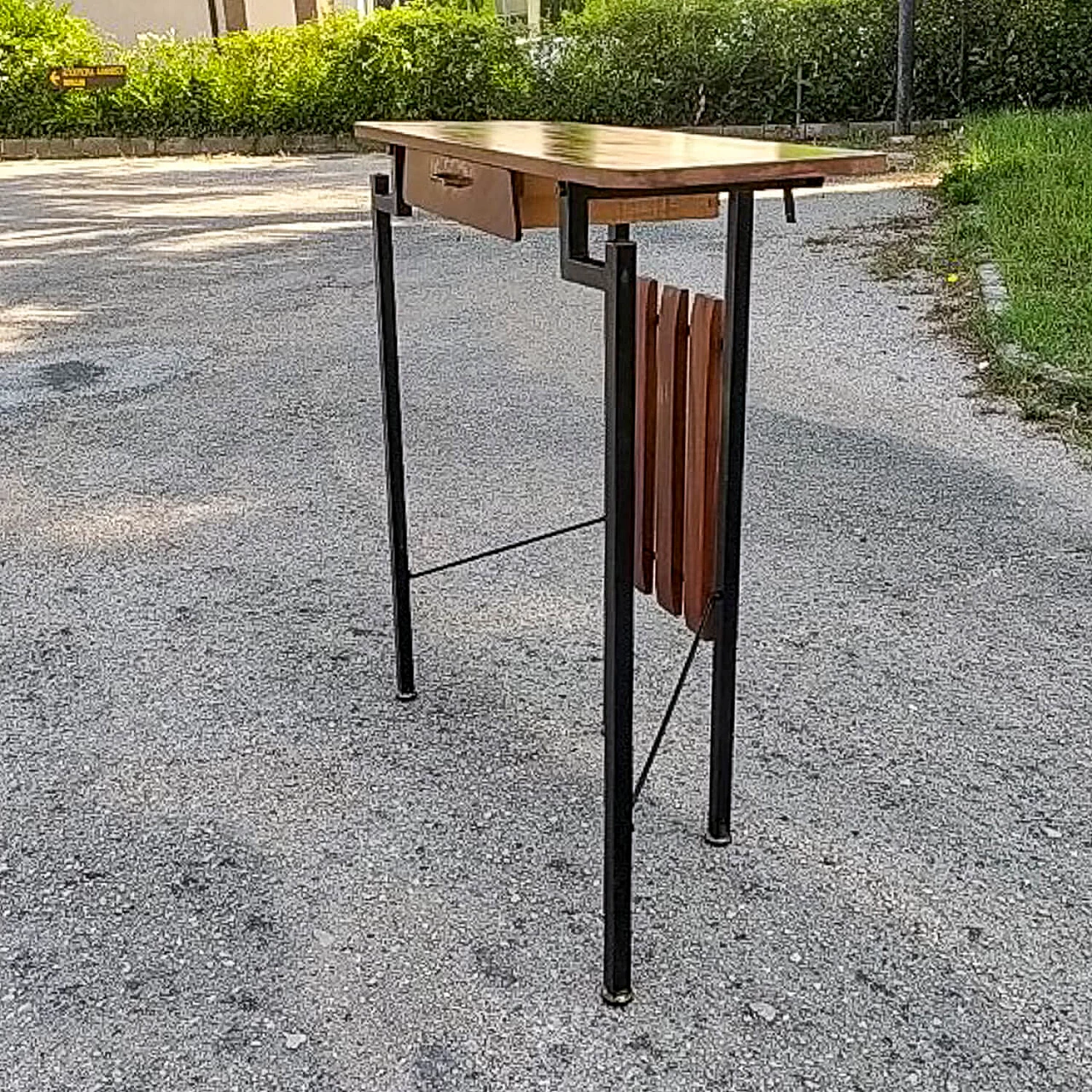 Wood and iron console table with brass details, 1960s 3