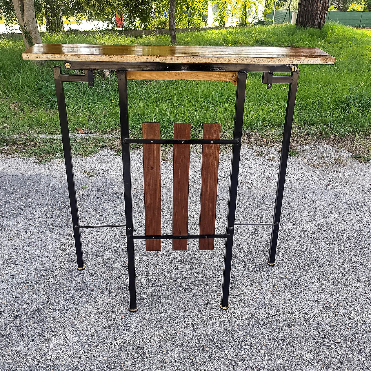 Wood and iron console table with brass details, 1960s 6