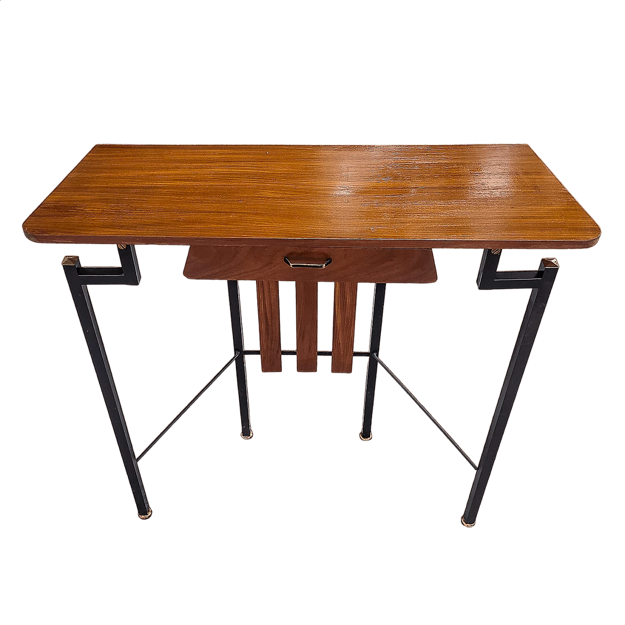 Wood and iron console table with brass details, 1960s 9