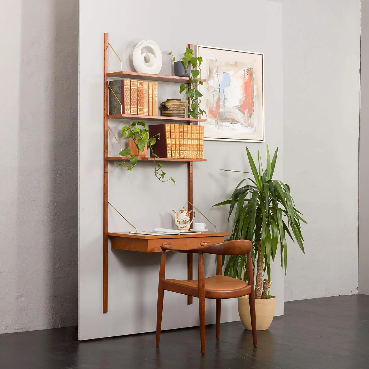 Libreria danese a parete in teak con scrivania di Preben Sorensen per PS System, anni '60 2