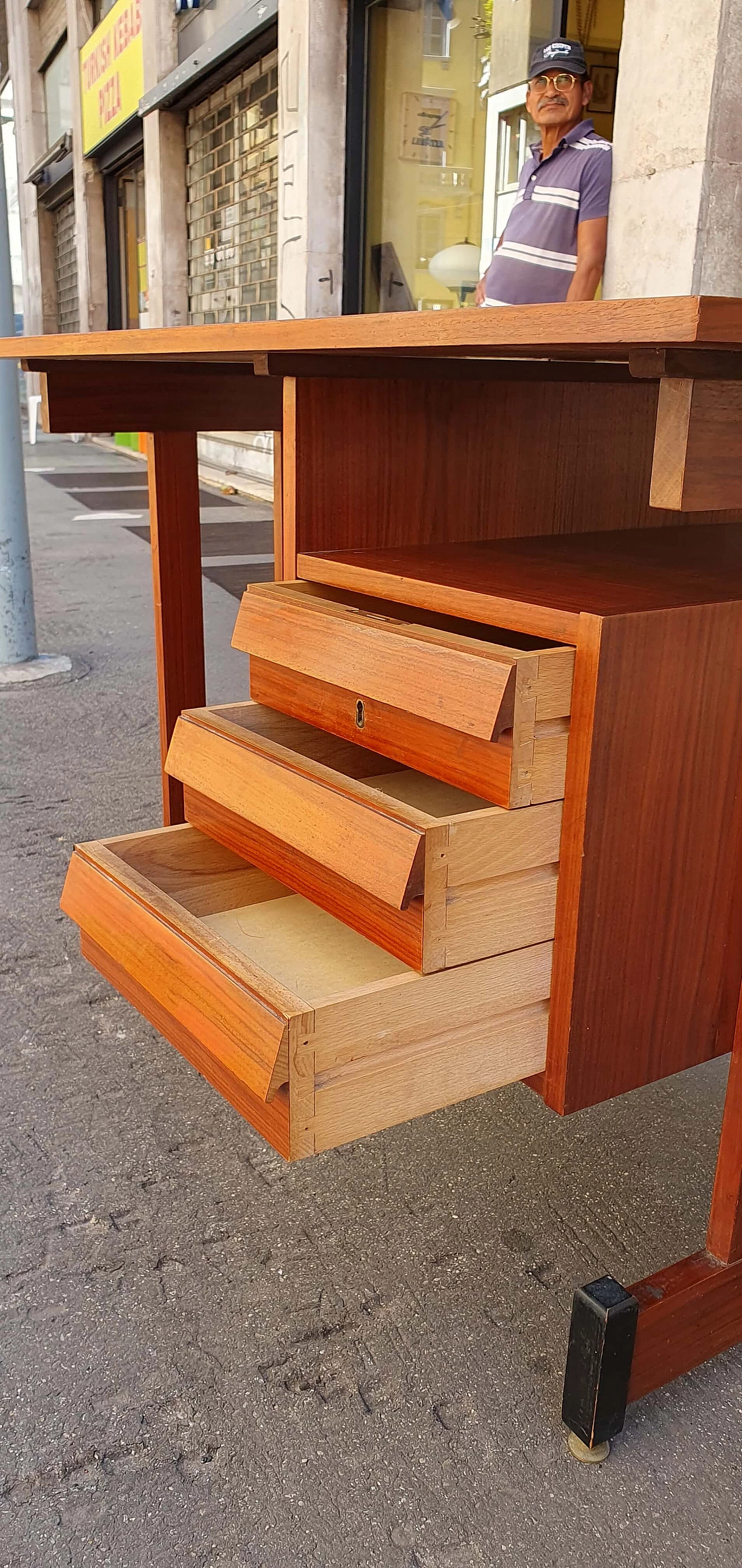 Teak centre desk with brass feet, 1960s 2