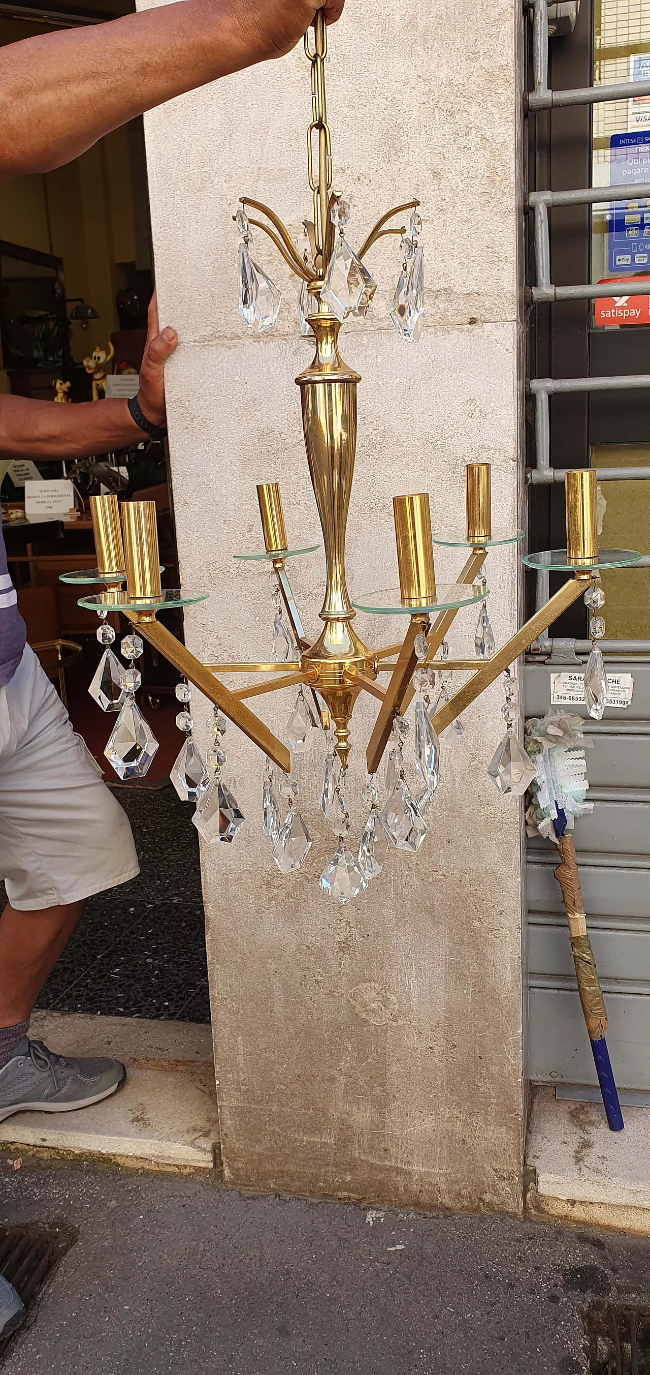 Chandelier in brass and glass, 1960s 1