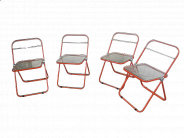 4 Plia chairs in plastic and red metal by Giancarlo Piretti for Anonima Castelli, 1970s