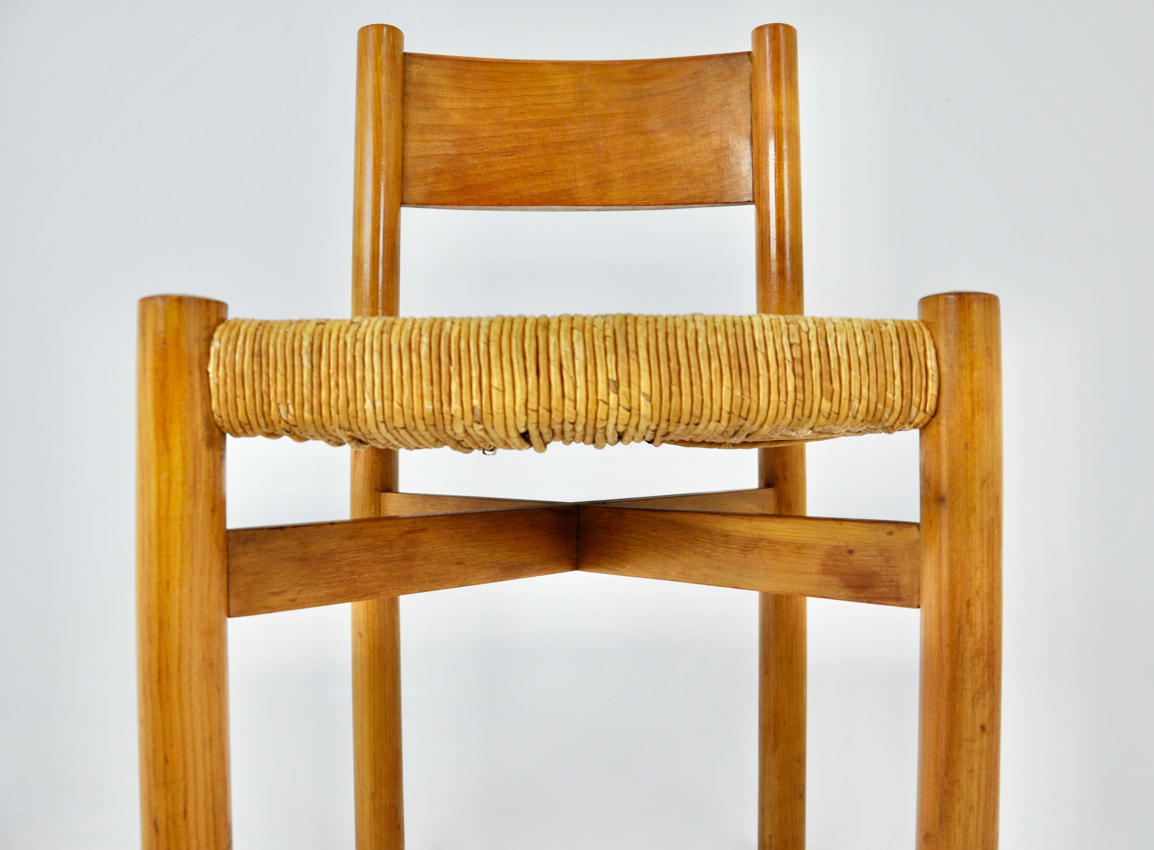 Vintage wooden Meribel chair with straw seat by Charlotte Perriand for  Steph Simon, 1950