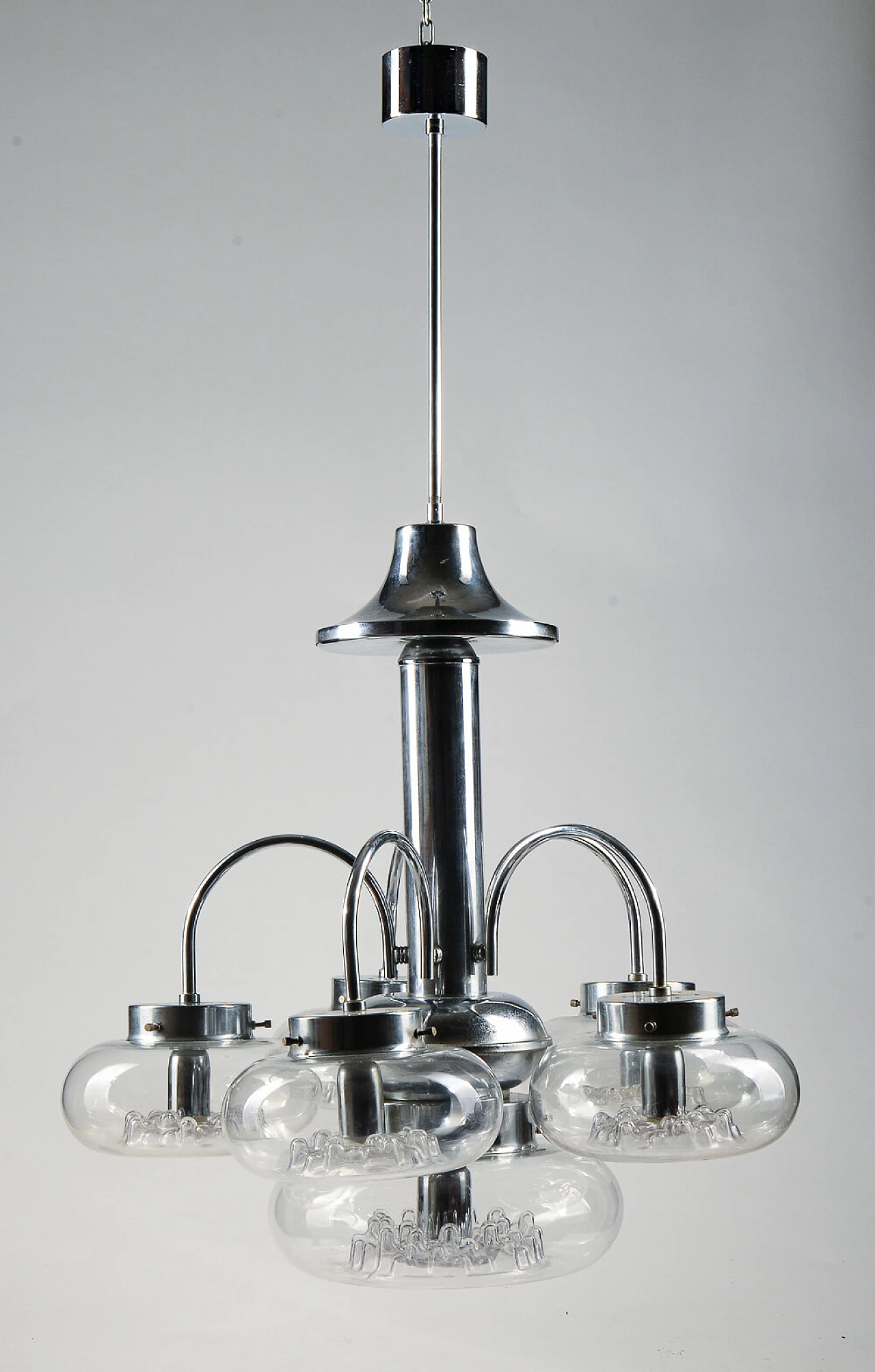 Six-light Murano glass and chrome-plated metal chandelier, 1970s 1