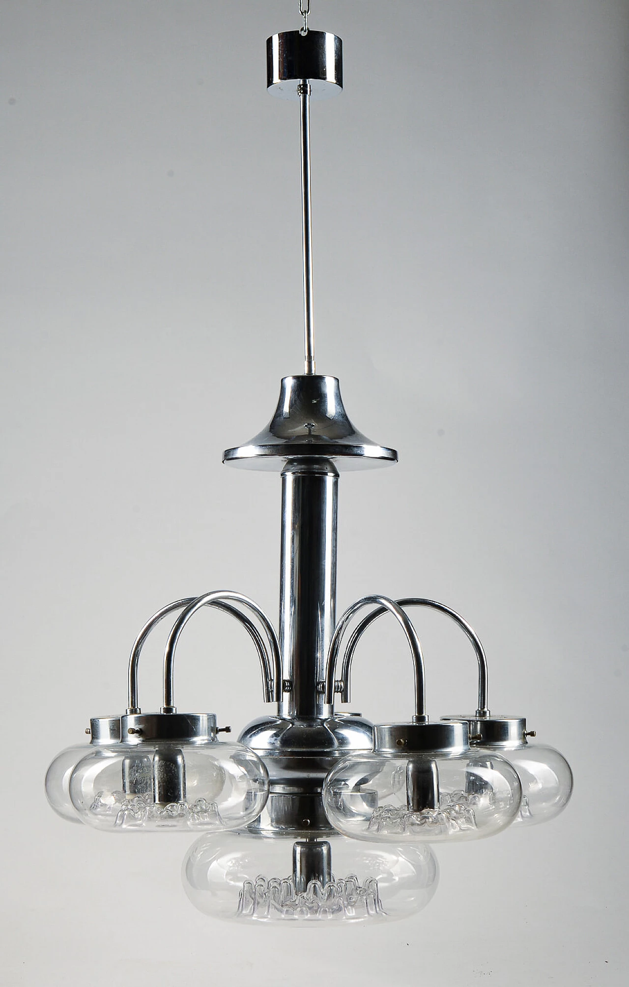 Six-light Murano glass and chrome-plated metal chandelier, 1970s 2