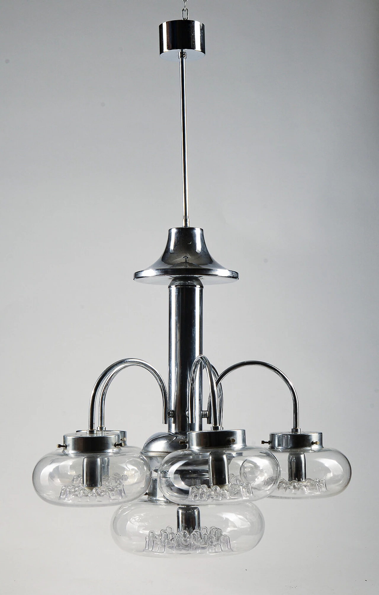 Six-light Murano glass and chrome-plated metal chandelier, 1970s 3