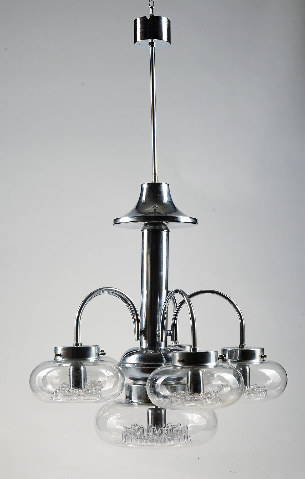 Six-light Murano glass and chrome-plated metal chandelier, 1970s 4