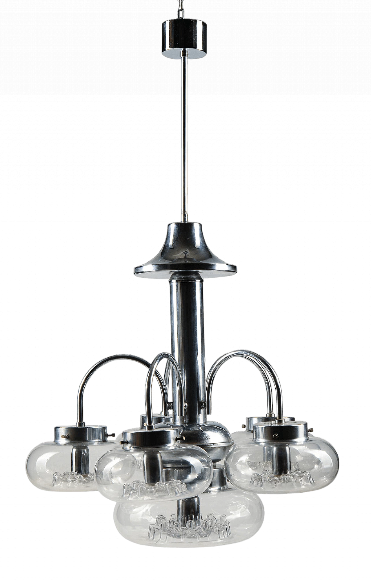 Six-light Murano glass and chrome-plated metal chandelier, 1970s 5