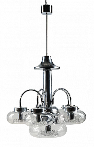 Six-light Murano glass and chrome-plated metal chandelier, 1970s