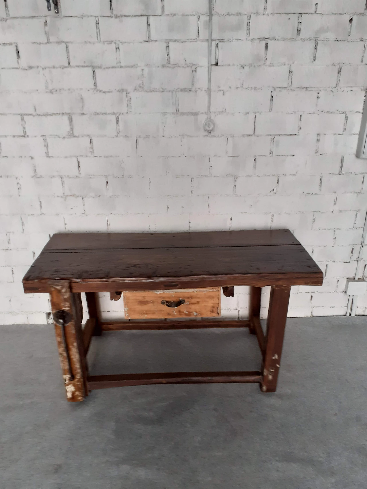 Solid wood carpenter's bench with drawer, 1950s 2