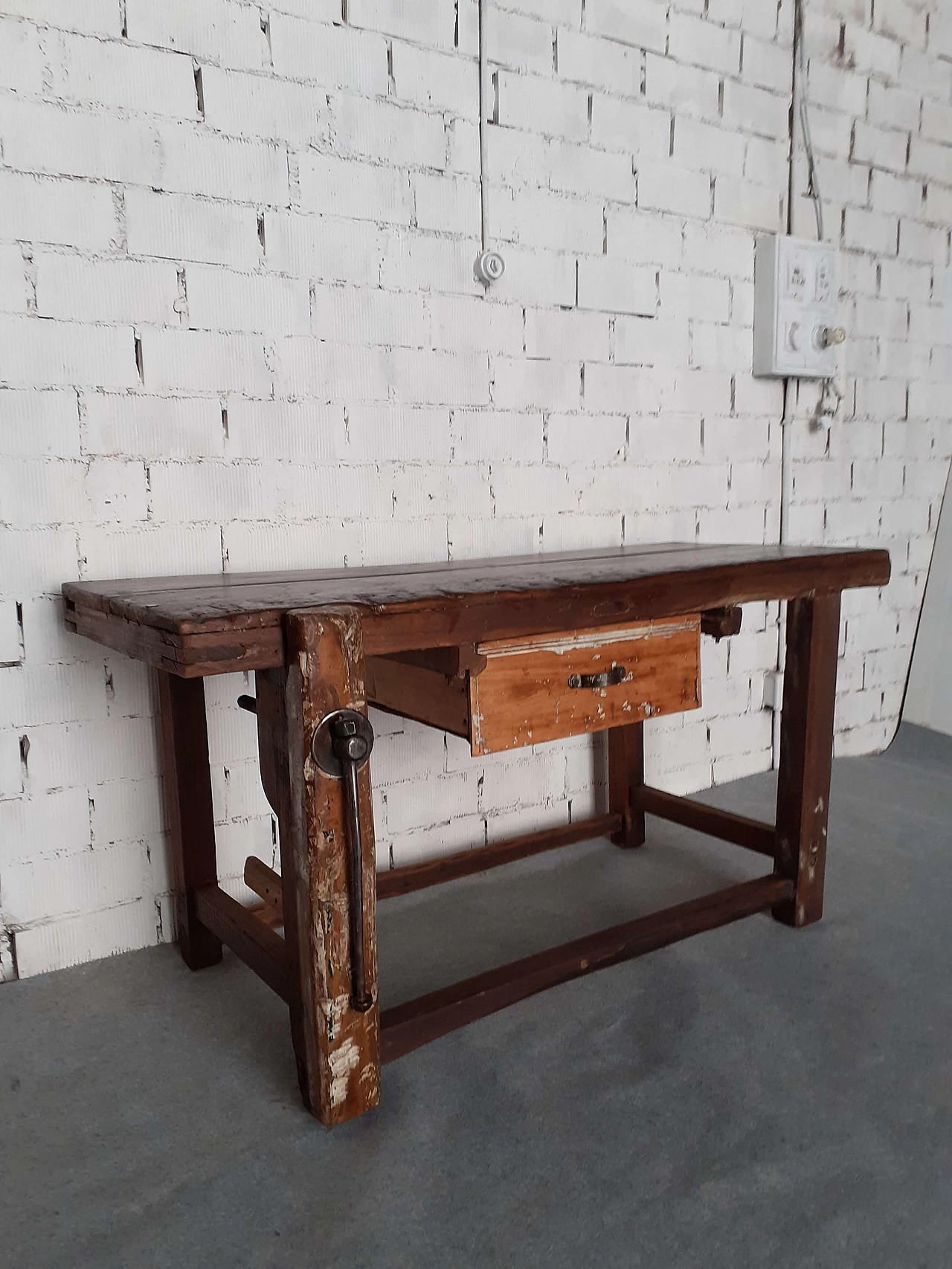 Solid wood carpenter's bench with drawer, 1950s 3