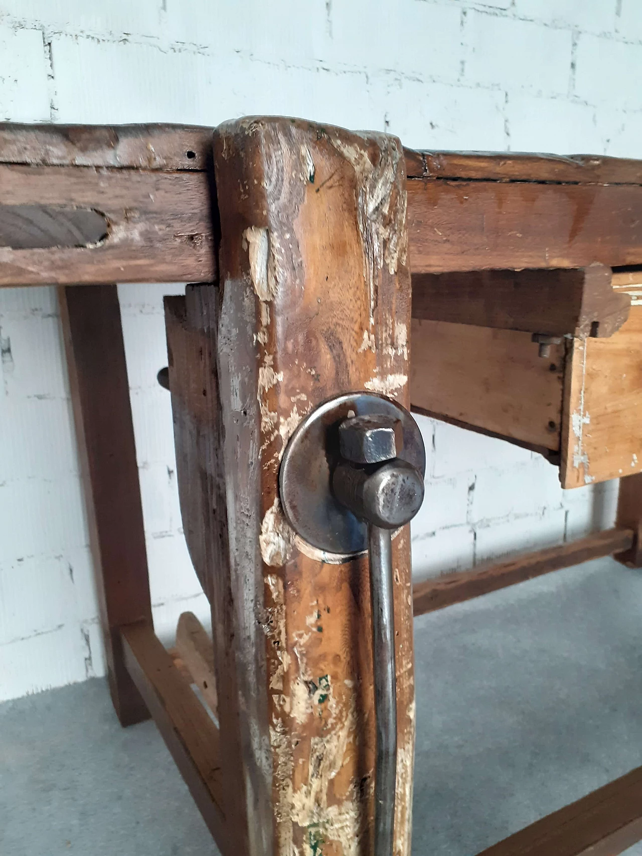 Solid wood carpenter's bench with drawer, 1950s 4