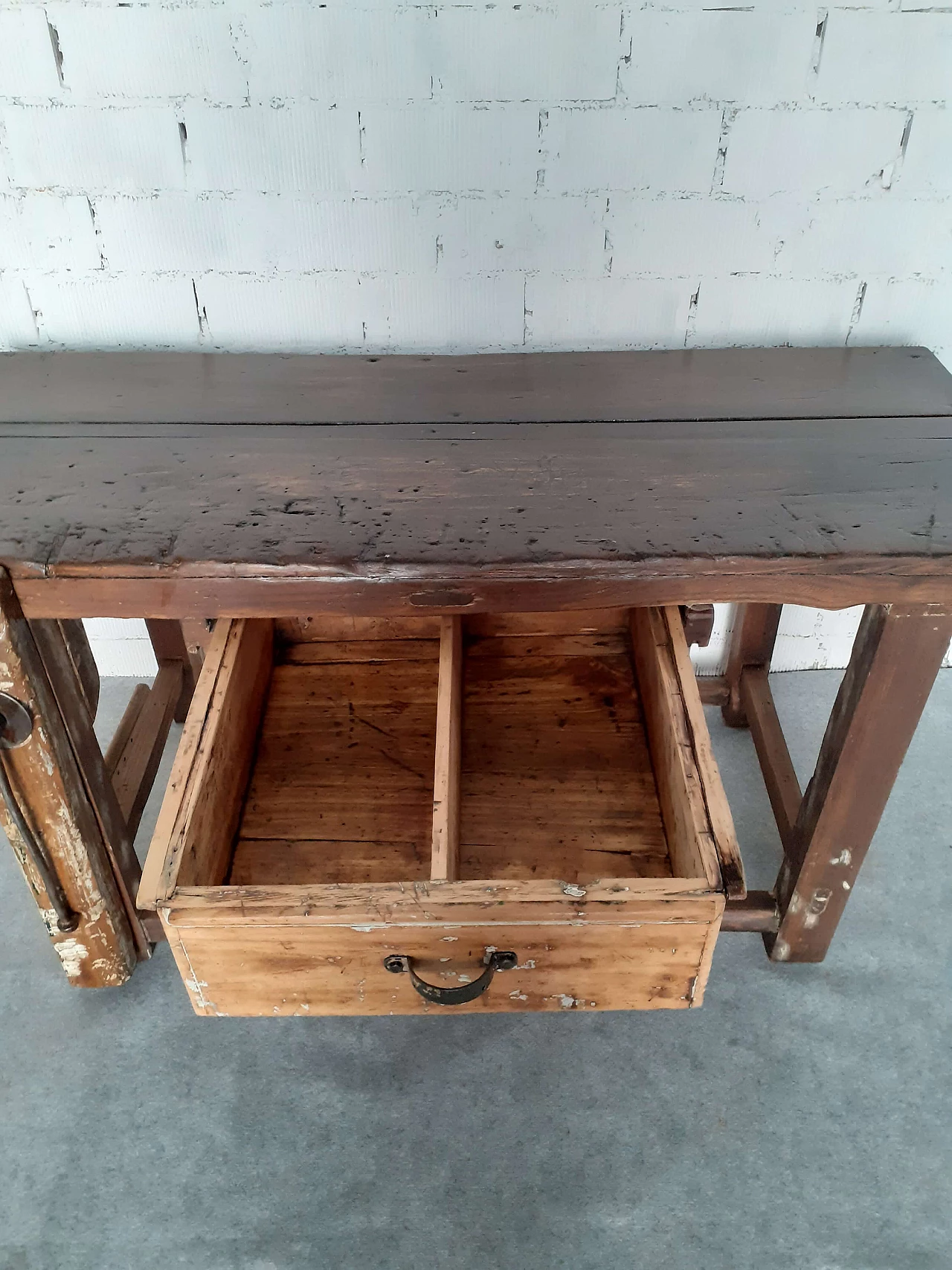 Solid wood carpenter's bench with drawer, 1950s 5