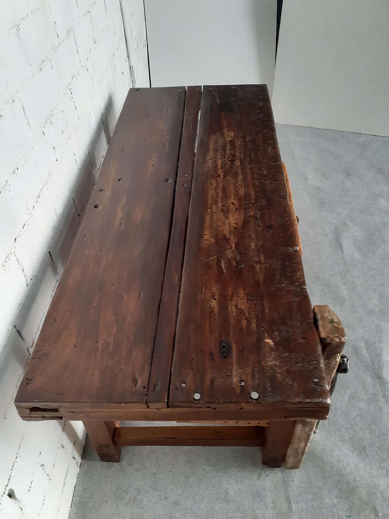 Solid wood carpenter's bench with drawer, 1950s 7