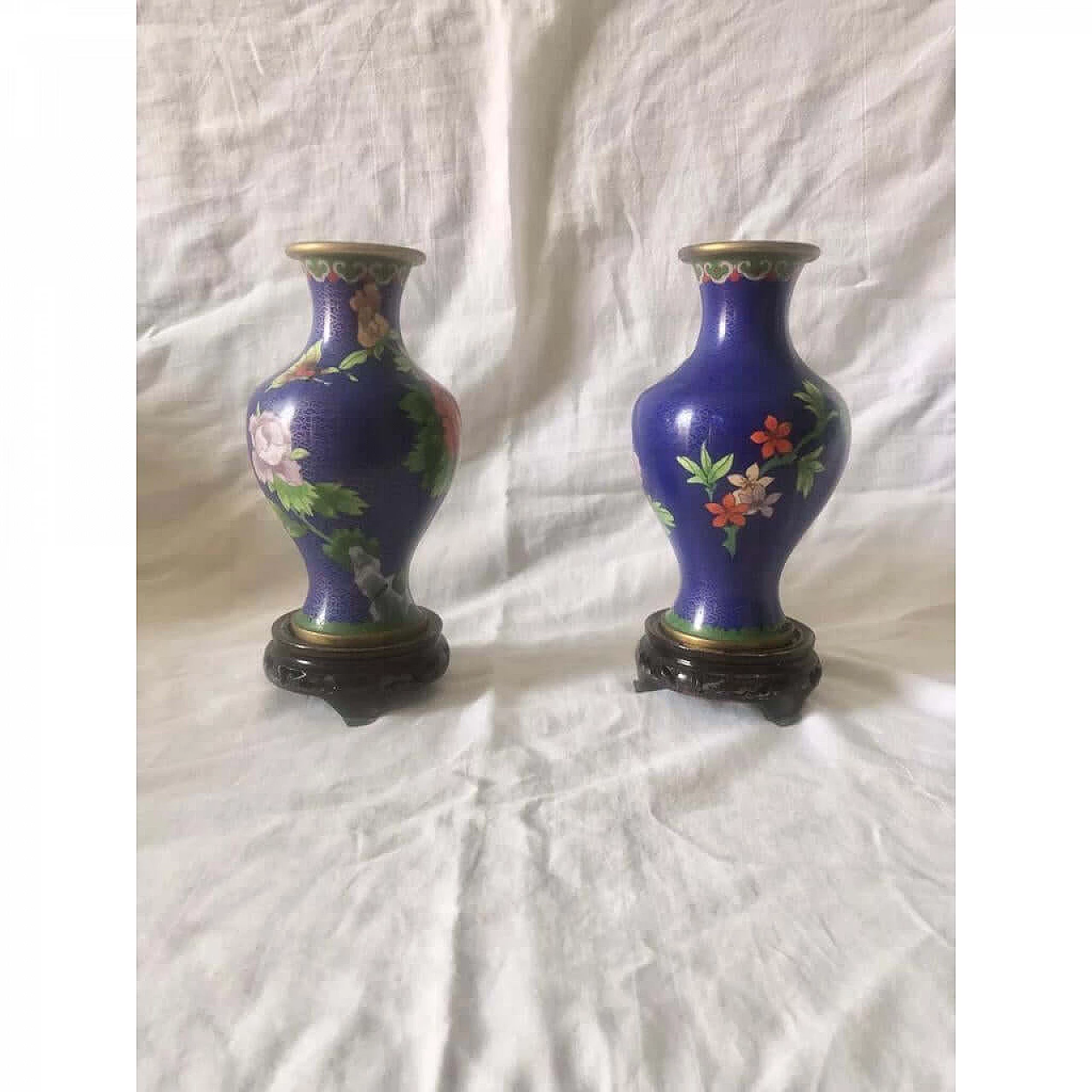 Pair of cloisonné vases with flowers and wooden bases, 1950s 1