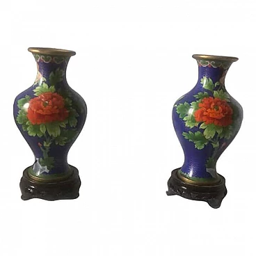 Pair of cloisonné vases with flowers and wooden bases, 1950s