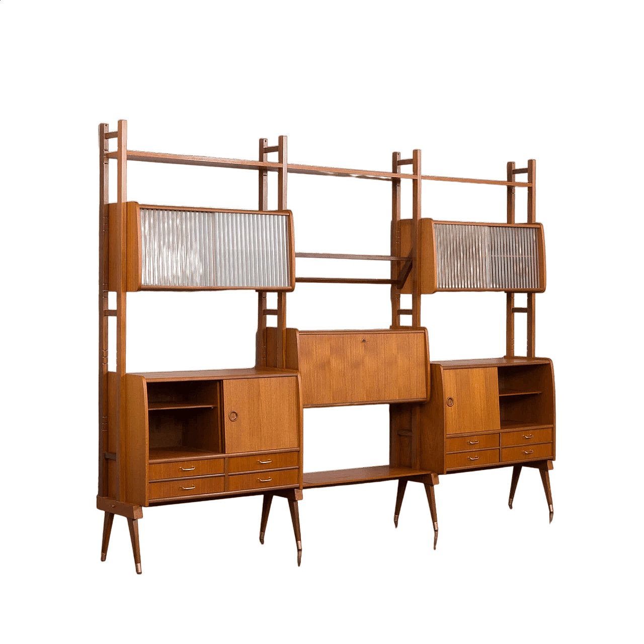 Libreria scandinava a tre campate in teak con scrivania e scaffali, anni '60 29