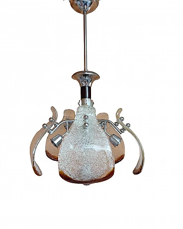 Lampadario in metallo cromato e vetro di Murano di Mazzega, anni '70
