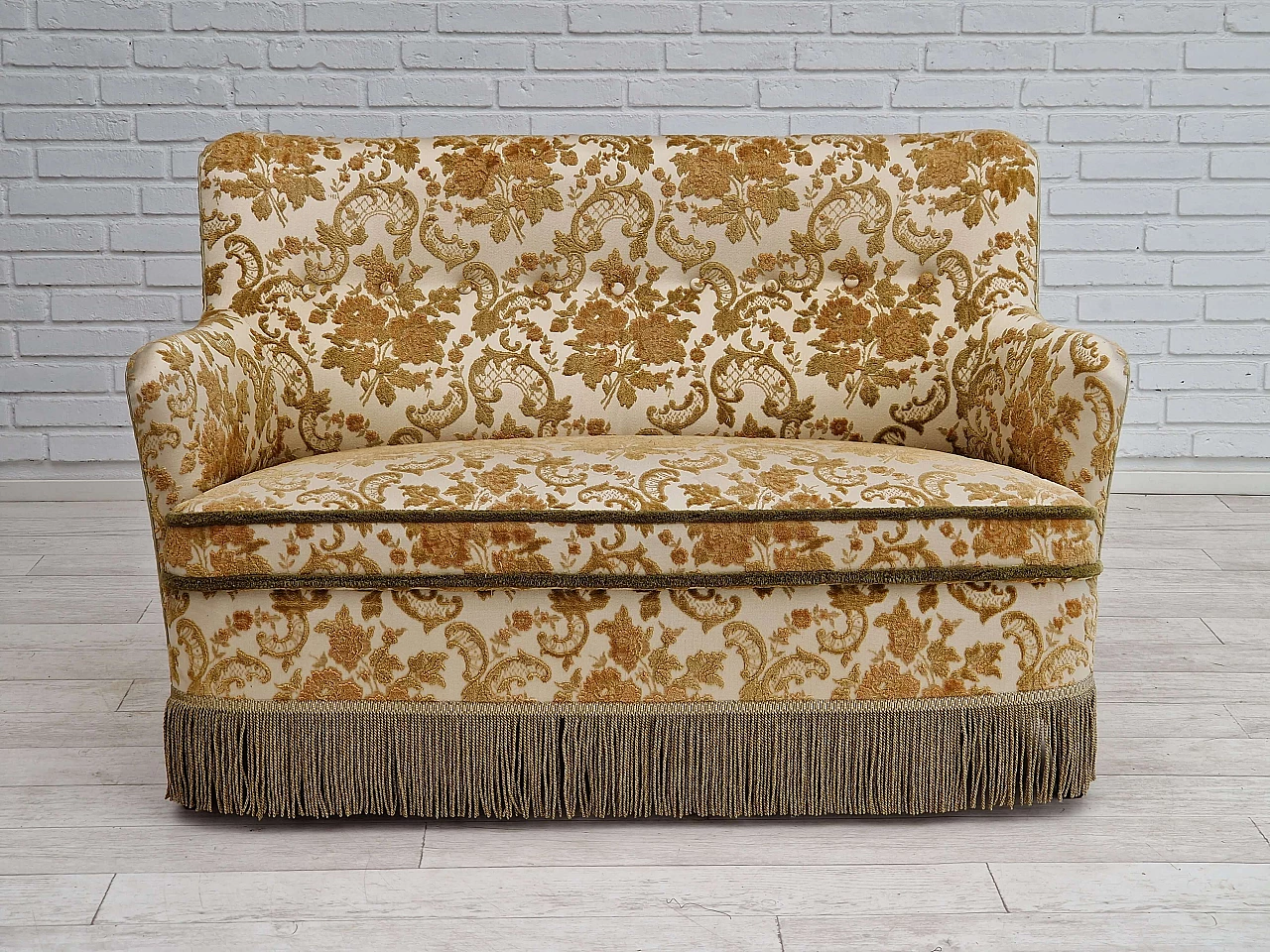 Danish beech and velvet two-seater sofa with tassels, 1960s 1
