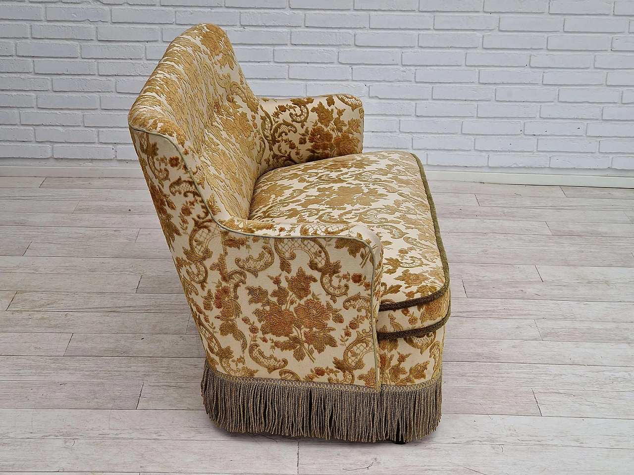 Danish beech and velvet two-seater sofa with tassels, 1960s 4