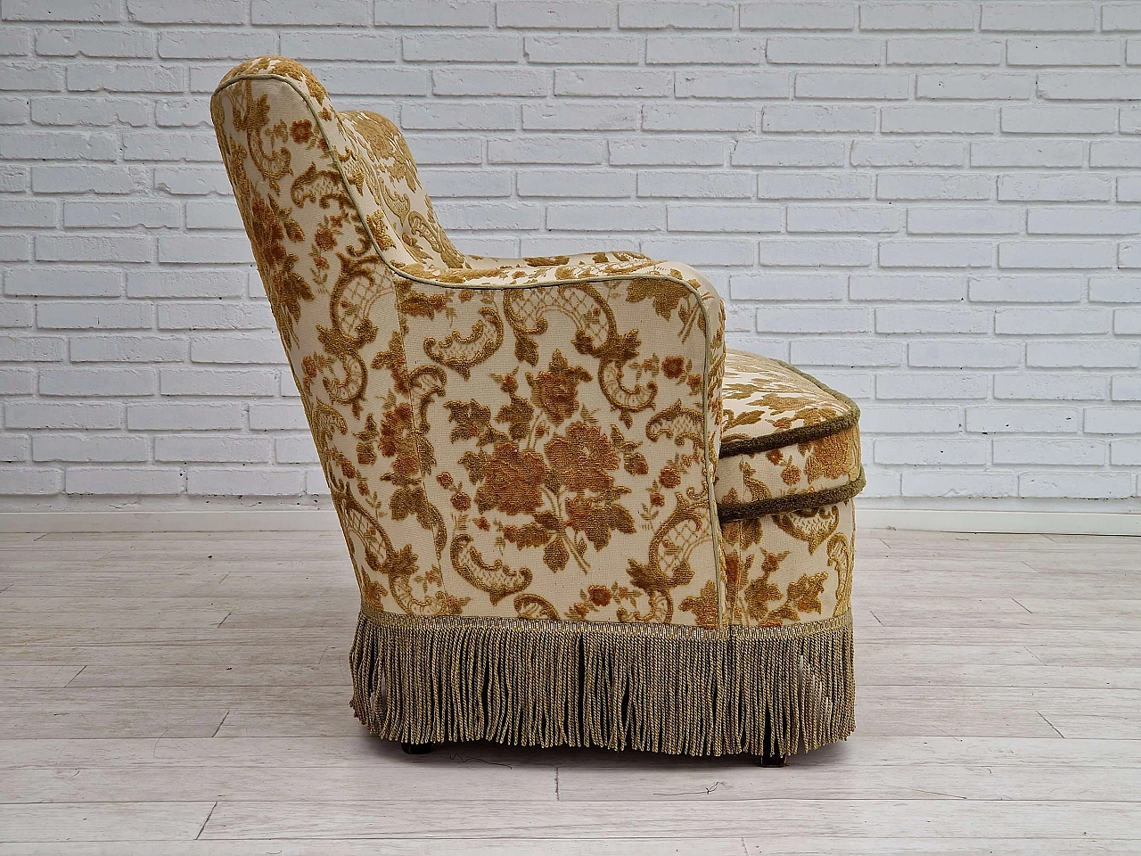 Danish beech and velvet two-seater sofa with tassels, 1960s 5