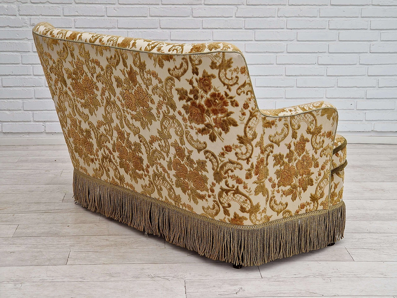Danish beech and velvet two-seater sofa with tassels, 1960s 6