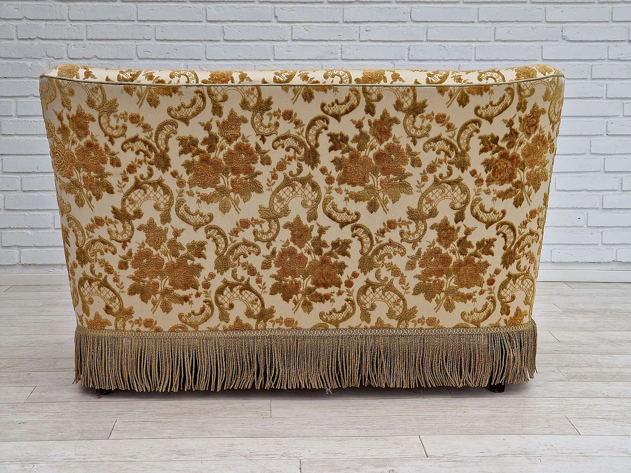 Danish beech and velvet two-seater sofa with tassels, 1960s 8