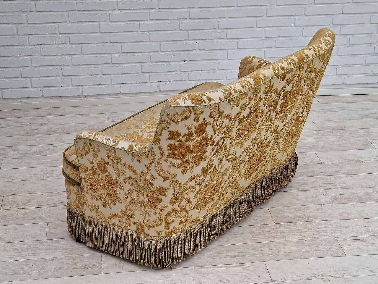Danish beech and velvet two-seater sofa with tassels, 1960s 9