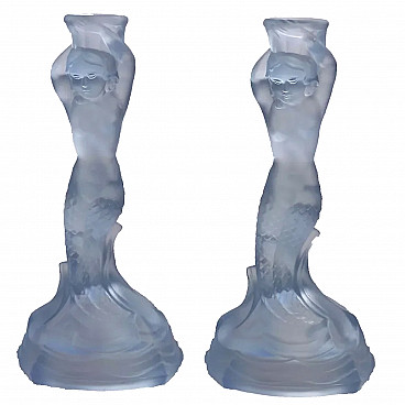 Pair of blue glass Mermaid Nymphen candlesticks by Walther & Sohne, 1930s