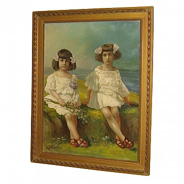 Giuseppe Solenghi, portrait of little girls, oil painting on canvas, 1920s