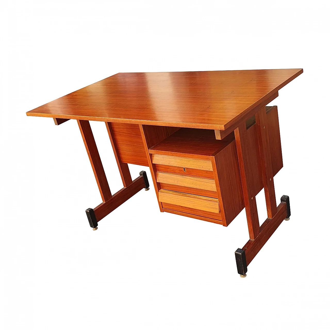 Teak centre desk with brass feet, 1960s 14