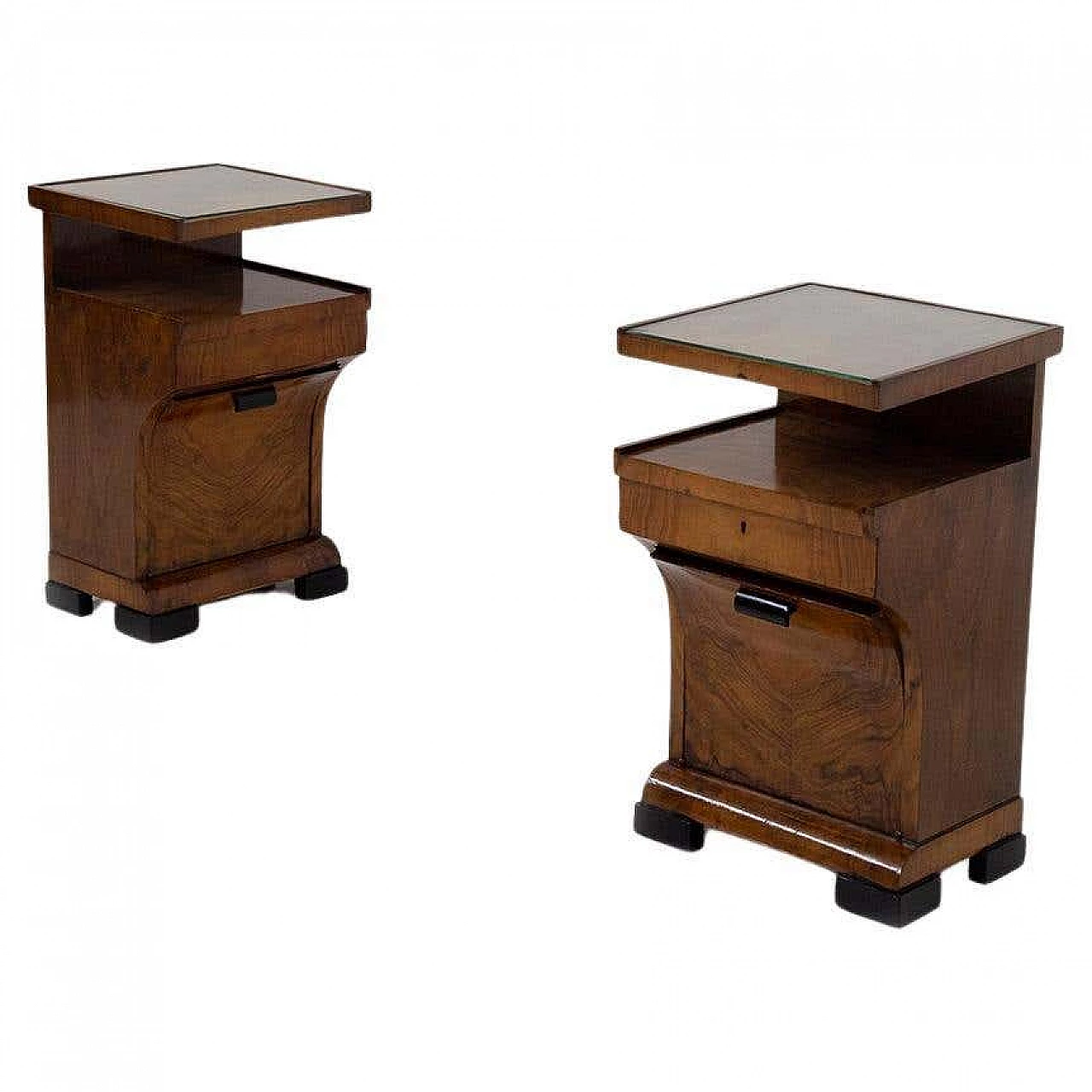 Pair of Art Deco bedside tables in walnut root with ebonised feet, 1920s 7